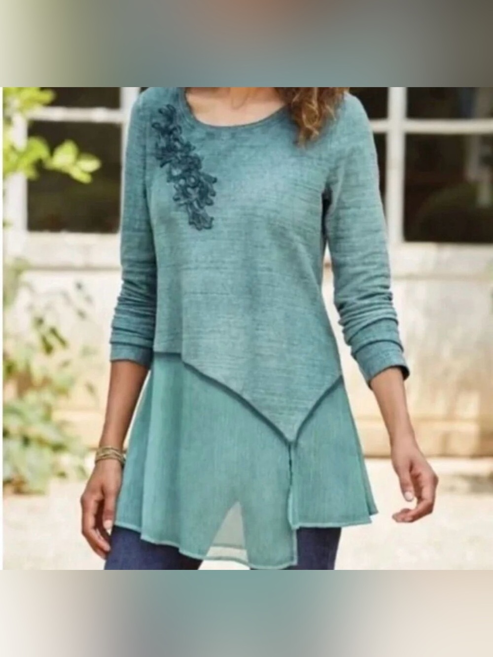 Soft Surroundings Esperanza Long Sleeve Tunic Top blouse Green Boho Flowy size M